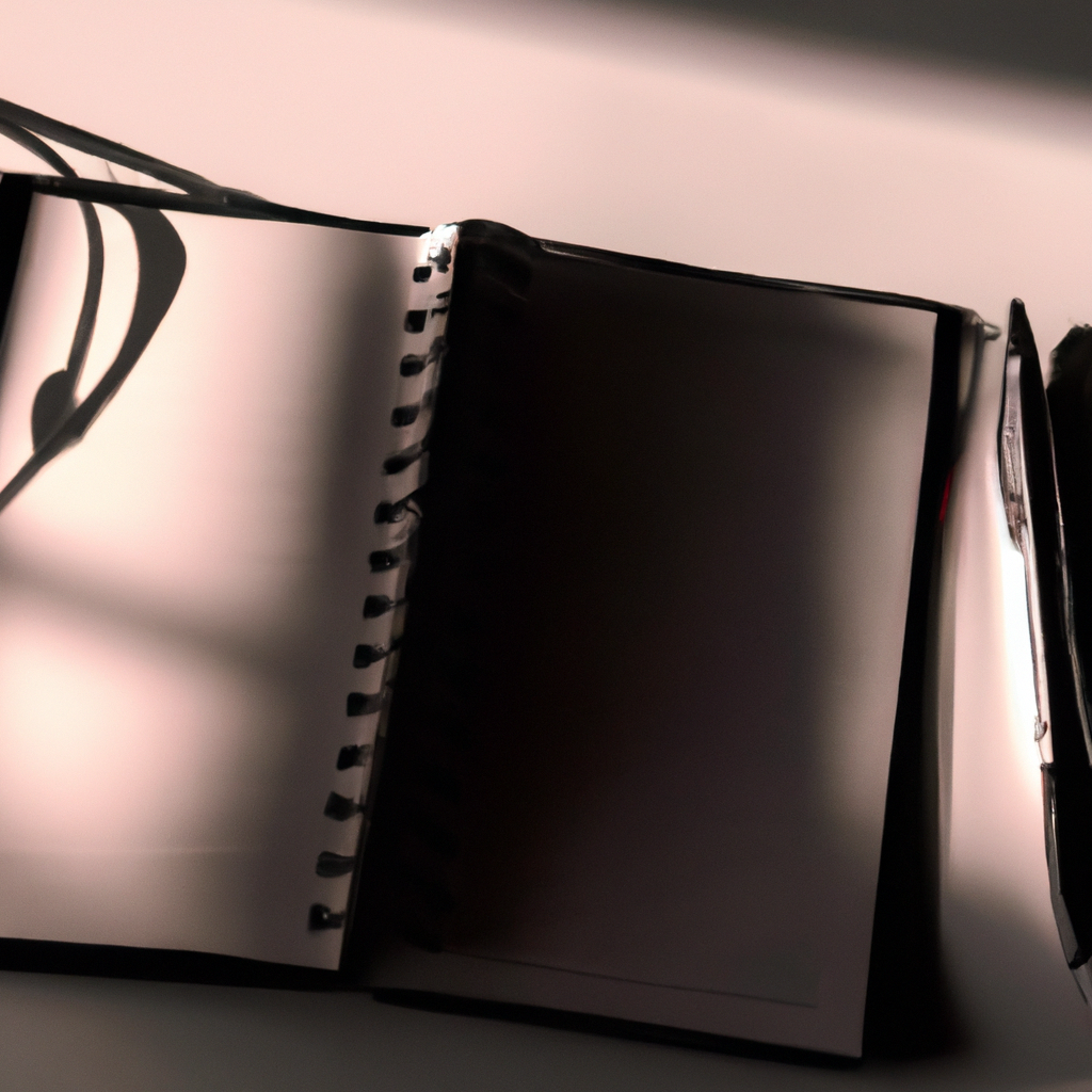 Minimalist workspace with notebook, pen and glass in soft daylight — clean, focused mood